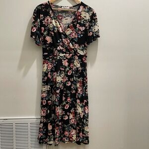 Nemidor Womens Plus Size 20 Floral Wrap V-Neck Short Sleeve Tie Back Midi Dress
